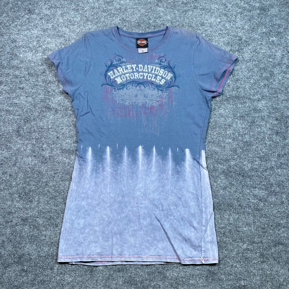 Harley-Davidson Blue Dip Dye Graphic T-Shirt Mens‎ XL Pink Contrast Stitching